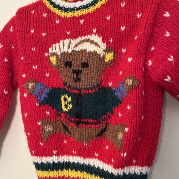 HAND KNIT Sleepy Bear Handmade Retro Vintage Kids Sweater, Red- Size 2T - Picture 4 of 8